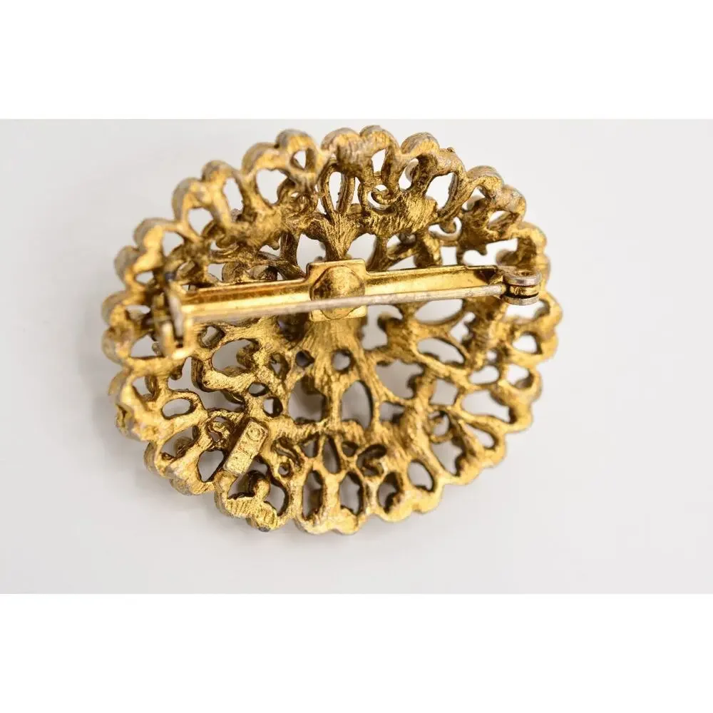 JJ Vintage Pin Brooch Blue Rhinestone Crystal Antiqued Gold Signed 1980s Bin7